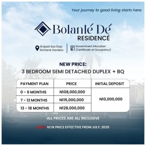 Bolanlé Dé Residencé - 3 Bedroom semi-detached duplexes available for sale in Lagos Nigeria 