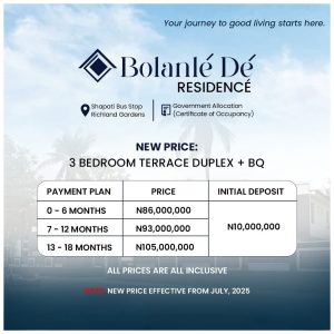 Bolanlé Dé Residencé - Luxury apartments in Bogije Lagos for sale payment plan for 3 bedroom terrace duplex + BQ