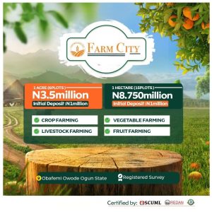 1 Acre and 1 Hectare Plots of Farm land for Sale at "Farm City" Ogun State 