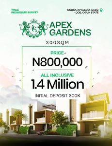 300 SQM Plots of land for sale at Apex Gardens Ogun State 