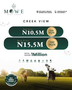 Creek view plots of land for sale at Mowe Golf Town Estate