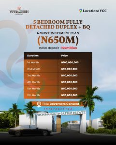 0-6 months Payment plan for 5 bedroom duplexes at Victoria Garth Castle Lekki 